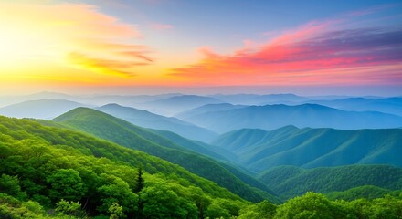 Fototapeta premium Vibrant sunrise over rolling green mountain range with blue haze