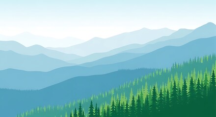 Layered blue mountain range with green forest slope illustration
