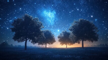 Starry night sky over trees in field. Peaceful scene for backgrounds