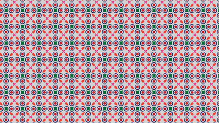 Abstract geometric pattern with repeating pink green and blue shapes
