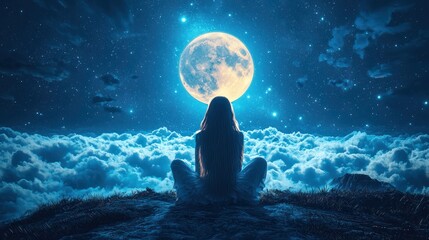 Woman meditates on mountaintop, gazing at full moon above clouds; nighttime serenity, spiritual peace