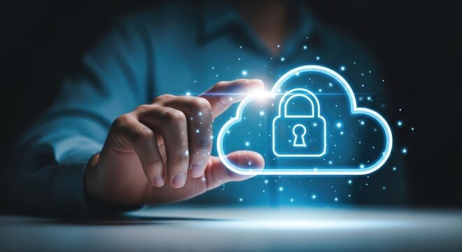 Secured Cloud Technology: Man Touching Digital Lock Icon