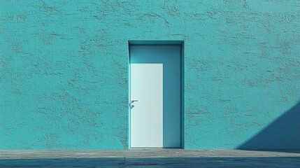 White door, teal wall, sunlight, urban setting, new beginnings