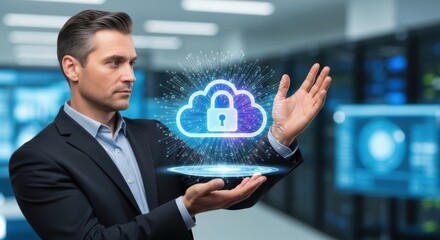 Businessman presenting secured cloud technology in data center