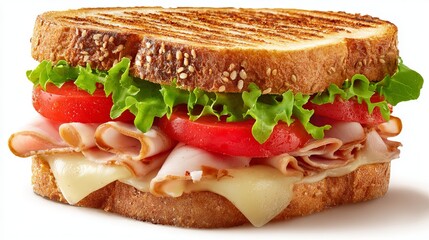 Delicious ham and cheese sandwich with fresh lettuce and tomato on toasted multigrain bread perfect for lunch or a quick bite