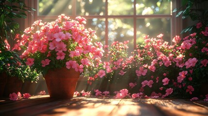 Sunlit Azaleas in terracotta pot on windowsill