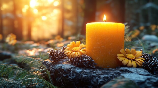 Candlelight forest scene, peaceful sunset, nature background, meditation, tranquility