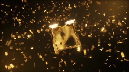 An opulent golden cube floats amidst a shower of shimmering confetti against a dark background, symbolizing celebration and achievement. - Powered by Adobe