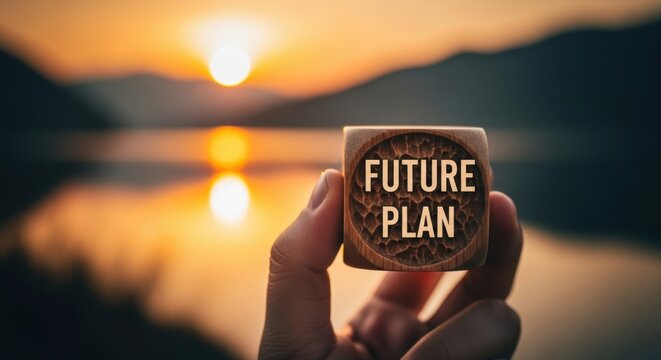 Future Plan Wooden Block Held Against a Golden Sunset Landscape