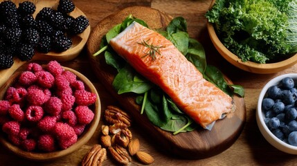 A vibrant arrangement of fresh salmon, leafy greens, and an assortment of berries and nuts creates a visually appealing display, highlighting nutritious and delicious food choices