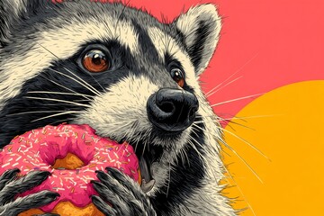 Raccoon holding and biting a pink frosted donut with sprinkles in a pop art illustration