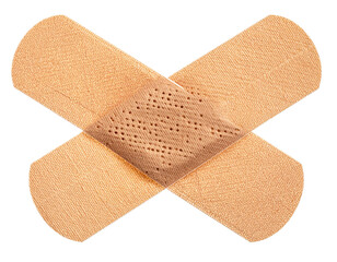 Two crossed adhesive bandages isolated PNG on transparent background, medical plasters for wound care and first aid treatment