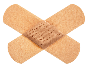 Two crossed adhesive bandages isolated PNG on transparent background, medical plasters for wound care and first aid treatment