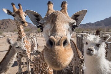 Naklejka premium Giraffe and alpaca together observing viewer with other animals in background