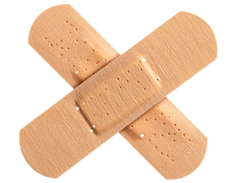 Two crossed adhesive bandages isolated PNG on transparent background, medical plasters for wound care and first aid treatment