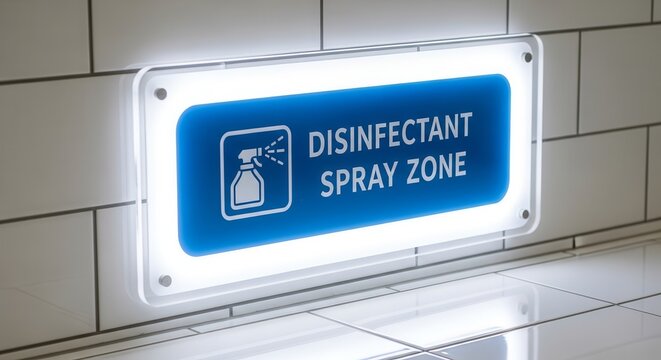 Disinfectant Spray Zone Illuminated Sign: Hygienic Safety Protocol And Sanitizing Symbol