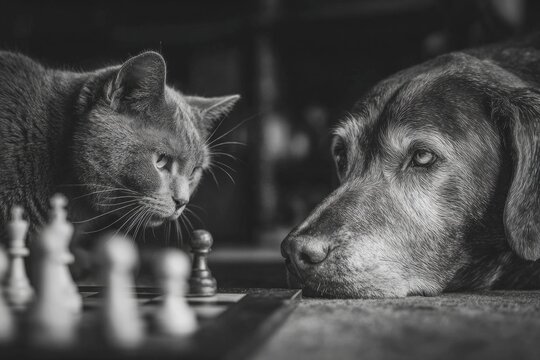 Cat and dog engaging in a strategic chess game, showing playful competition