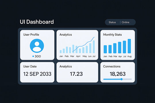Ui dashboard interface with analytics and user data, displaying key performance indicators and monthly stats, providing a comprehensive overview of business metrics