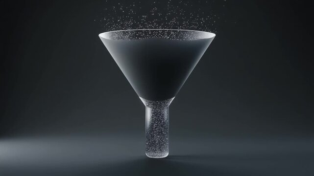 Conceptual visualization of a filtering process with particles flowing through a transparent funnel on a dark background.