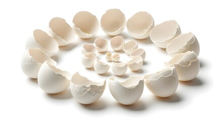 White eggshells form spiral with soft shadows. Use for abstract art, health posters, branding or product backgrounds.