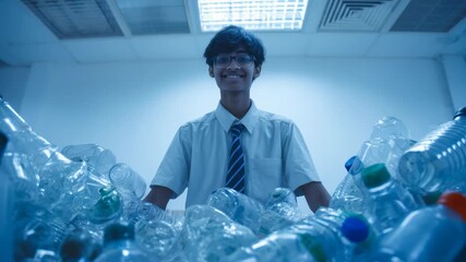 Young man in school uniform stands confidently behind a large pile of empty plastic bottles, symbolizing environmental awareness. Blue lighting creates a modern, eco friendly atmosphere - Powered by Adobe