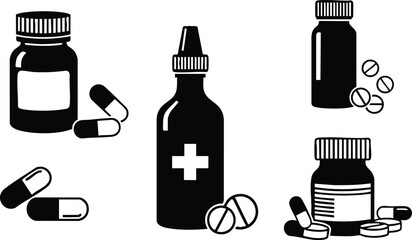 Medical bottles and capsules illustration with pill container and medicine dropper design in black silhouette style