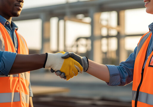 Construction Workers Shaking Hands and Making a Deal at a Site