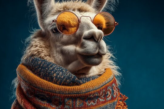 Llama with a cozy scarf and stylish round sunglasses standing against a blue background