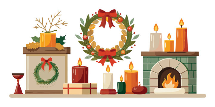 Christmas wreaths fireplace candles holiday decorations festive season winter cheer home