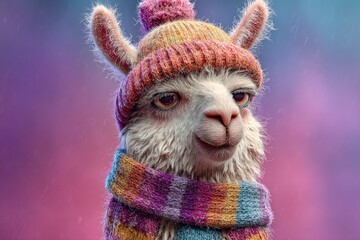 Llama portrait wearing warm, knitted clothing, featuring colorful wool and cozy winter style