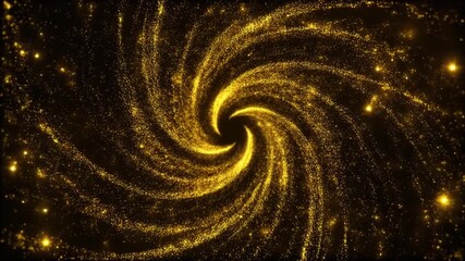 A mesmerizing abstract spiral of golden glitter particles swirling into a central vortex on a dark background. - Powered by Adobe