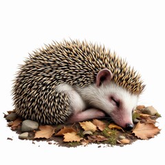 Fototapeta premium A cute hedgehog sleeping peacefully curled up on a bed of autumn leaves and small stones, isolated on white background
