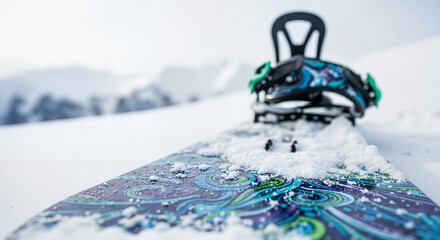 Snowboard with colorful design resting on snow in mountain landscape