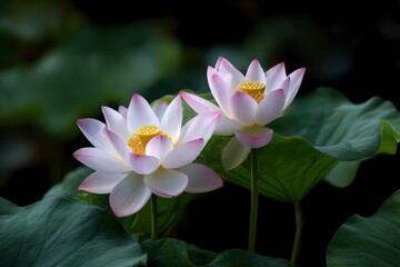 Two pinktipped white lotus flowers with yellow centers are surrounded by large green leaves in a dark setting