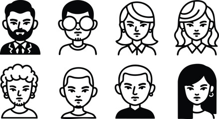Diverse black and white avatar icons representing male and female faces with various hairstyles and accessories