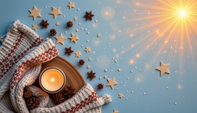 Knitted sweaters, candles, pine cones, star anise stars atop a high noon underlit sky