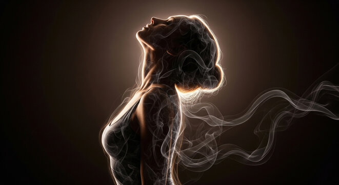 Elegant female silhouette made of smoke, arching her neck upwards, highlighted by a rim light on a dark background, artistic and sensual composition