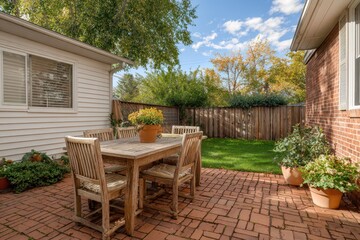 Sunny brick-paved patio beside a suburban home, inviting outdoor living space