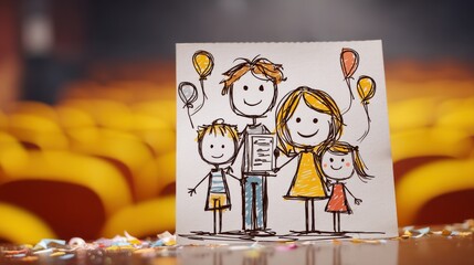A cheerful stick-figure drawing of a family with balloons and a certificate, on confetti with a blurred yellow background, achievement and happiness, family graduation, child savings