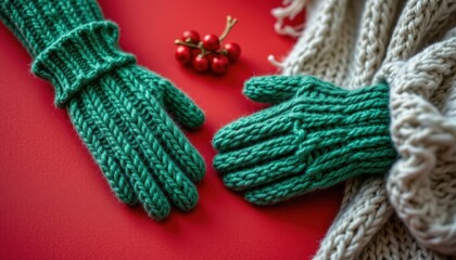 A cozy winter scene featuring knit gloves and a sweater on a red background