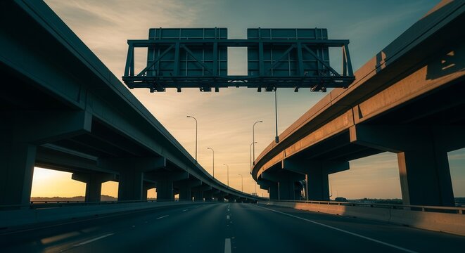 Dramatic Highway Perspective: Elevated Roadways Leading Toward The Beautiful Sunset Sky