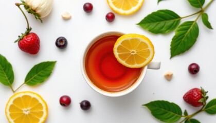 Naklejka premium A top view image of a cup of tea with lemon on an isolated white background