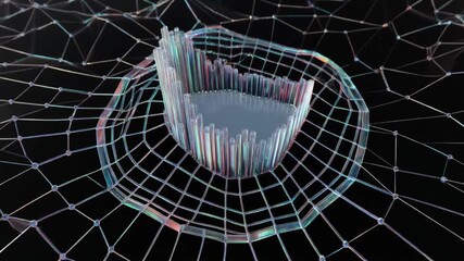 Abstract 3D visualization of complex data represented by a chart on a futuristic network grid. - Powered by Adobe