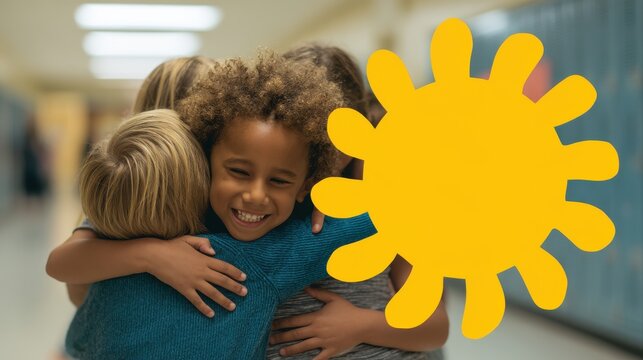 Diverse kids hug happily in a school hallway, one smiling brightly, with a vibrant yellow sun-like shape partly overlaying. Theme: friendship, school, joy, family graduation, child savings
