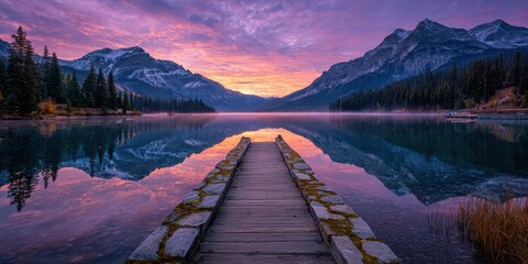 Scenic sunrise over emerald lake with wooden pier and mountain reflections in yoho national park