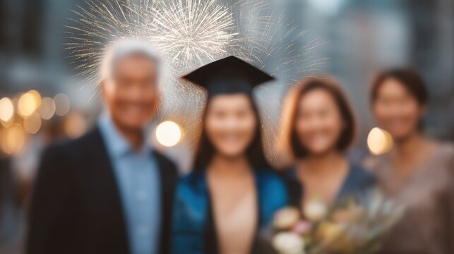 Blurred family portrait of a graduation day of a graduated girl standing with her family