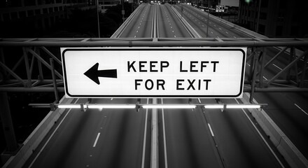 Directional Road Sign Indicating Left Exit, Highway At Night With Grayscale