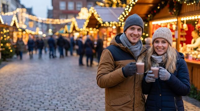 Young couple drinking hot chocolate and walking through a festive Christmas market, warm cheerful holiday atmosphere