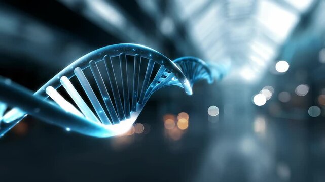 Futuristic glowing DNA double helix strand in a modern laboratory environment, symbolizing genetic research and biotechnology innovation. Advanced science and technology concept
