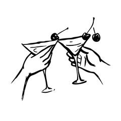 Two hands toasting with martini glasses isolated on